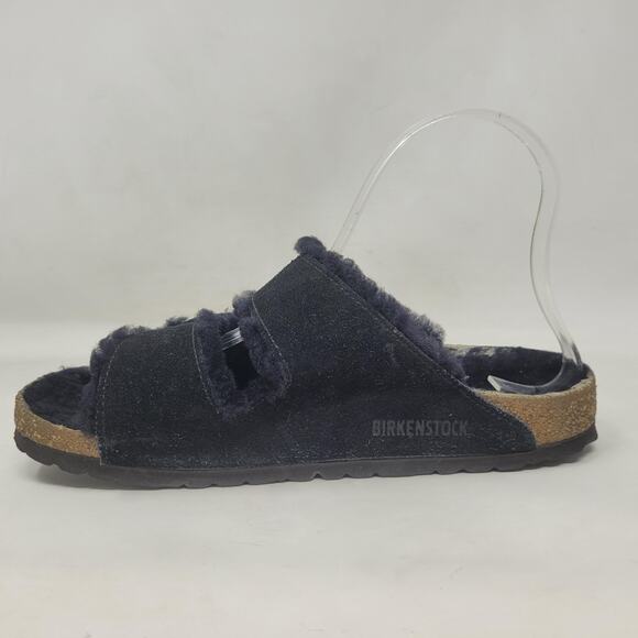 Birkenstock Arizona Sandals EU38 US7.5 Black Shearling Suede Slip On Comfort - Picture 7 of 9